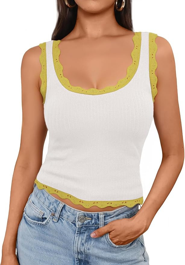 Women's Scoop Neck Tank Tops Color Block Scallop Trim Crop Cute Tanks Summer Sleeveless Knit Slim... | Amazon (US)