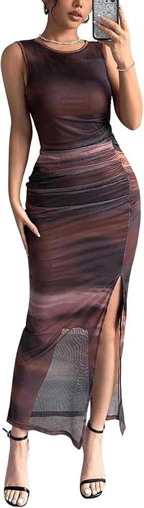 GORGLITTER Women's Tie Dye Mesh Bodycon Dress Ruched Split Thigh Party Maxi Dresses | Amazon (US)