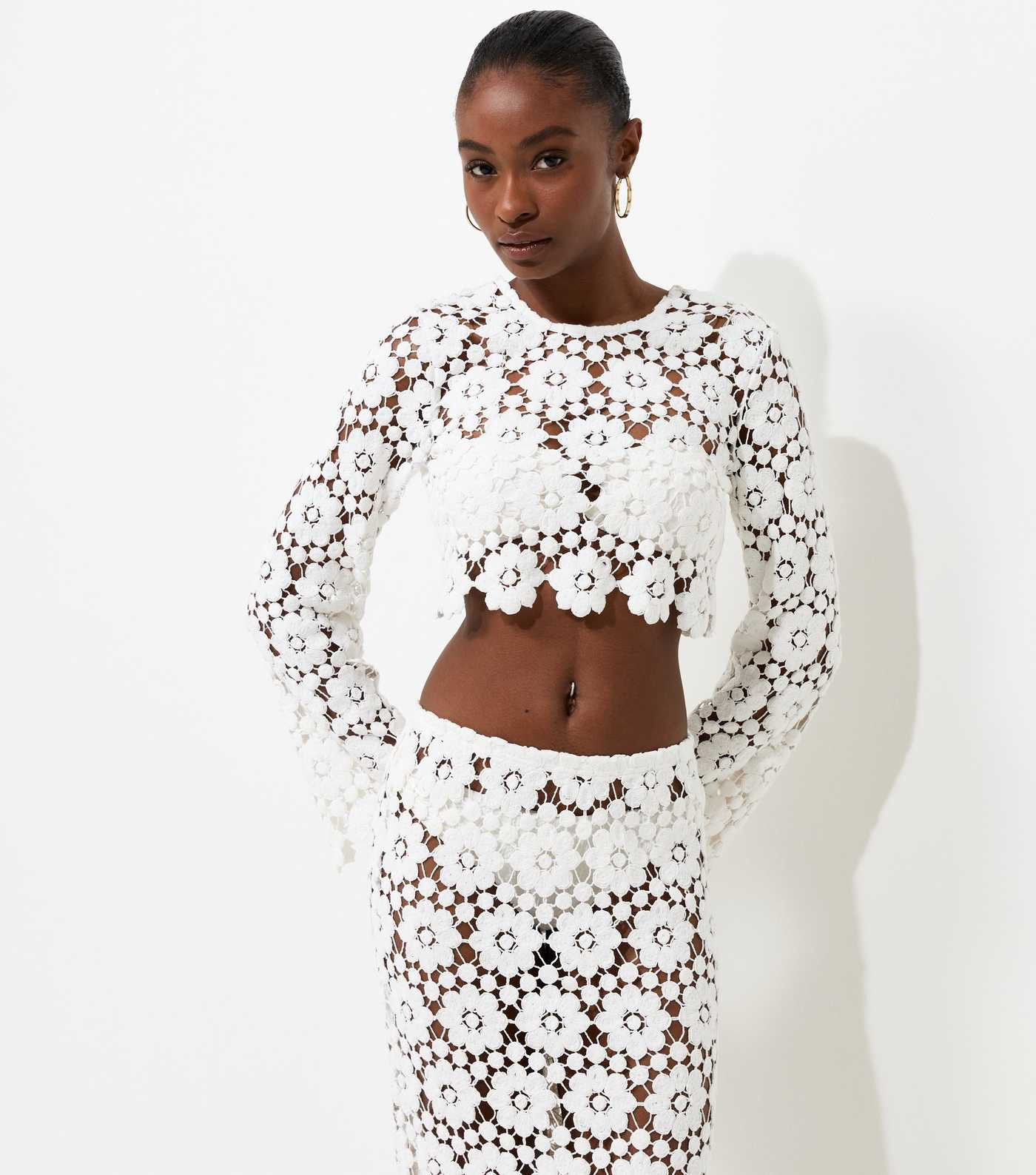 Premium White Cotton Floral Crochet Look Long Sleeve Beach Top | New Look | New Look (UK)
