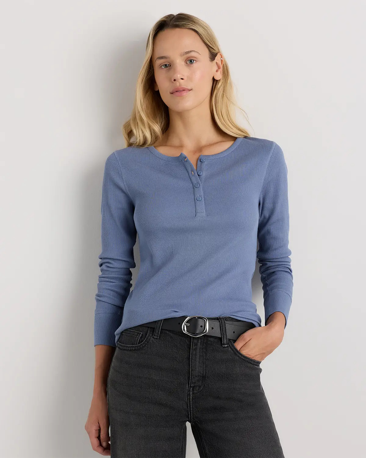 Organic Cotton Micro-Rib Henley Long Sleeve Tee in Moonstone Blue | Quince