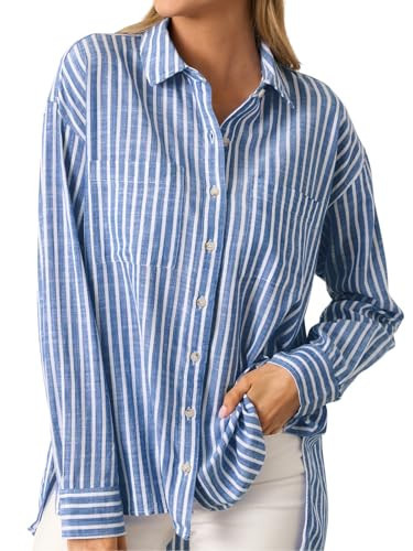 IYICLOTH Striped Button Down Shirts for Women Business Casual Collared Tops Loose fit Long Sleeve Office Work Blouses,S Light Blue | Amazon (US)