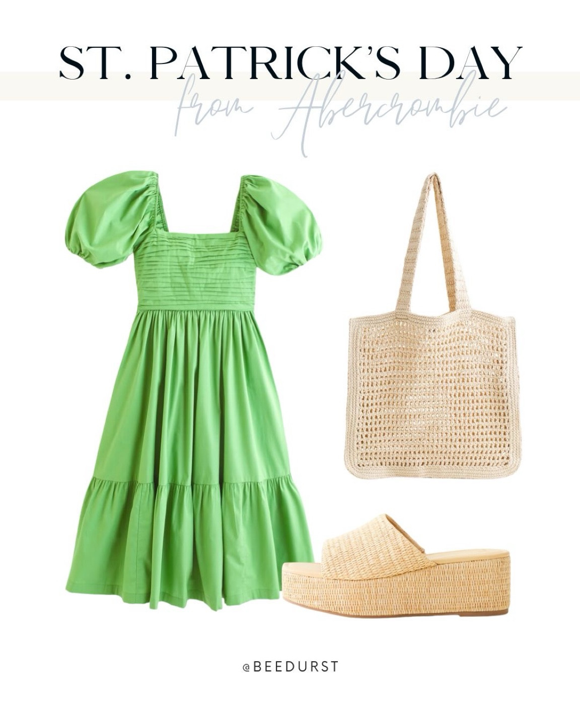 Spring outfit from Abercrombie, st Patrick’s day outfit, green dress, spring dress, Easter dress, Easter sandals, spring sandals, spring shoes, puff sleeve midi dress, straw platform heels, crochet tote bag, spring purse, spring bag, spring fashion, resort wear, vacation outfit, date night outfits

#LTKshoecrush #LTKstyletip #LTKSpringSale