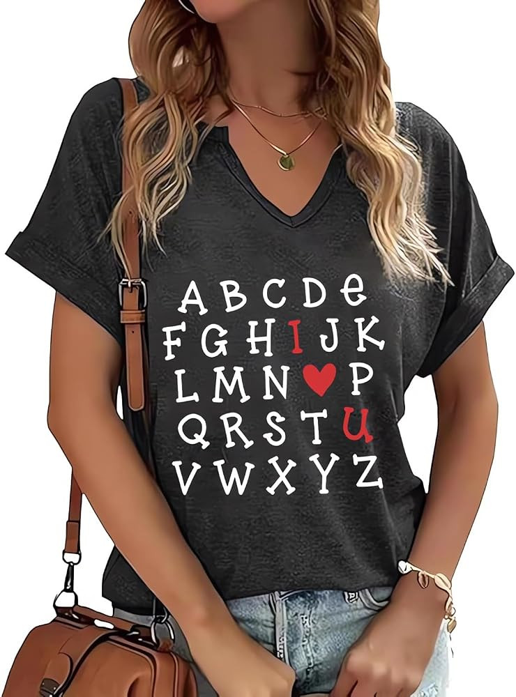 Valentine V Neck Shirts for Women Cute Love Heart Graphic Shirts Funny Lover Casual Short Sleeve ... | Amazon (US)