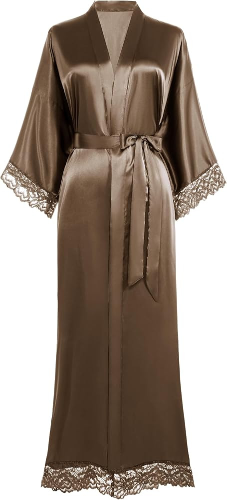 BABEYOND Satin Kimono Robe Silky Long Bridesmaid Wedding Lightweight Bath Robe with Lace Trim | Amazon (US)