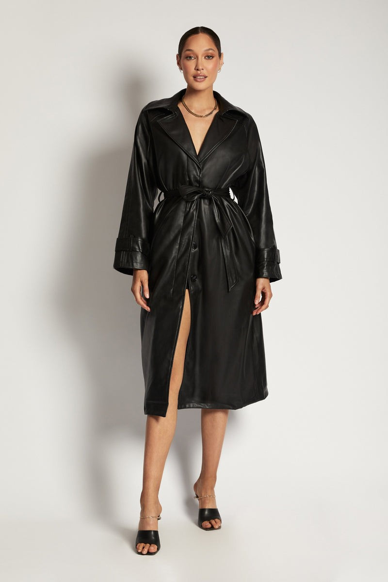 Stassie Faux Leather Belted Trench Coat - Black | MESHKI US
