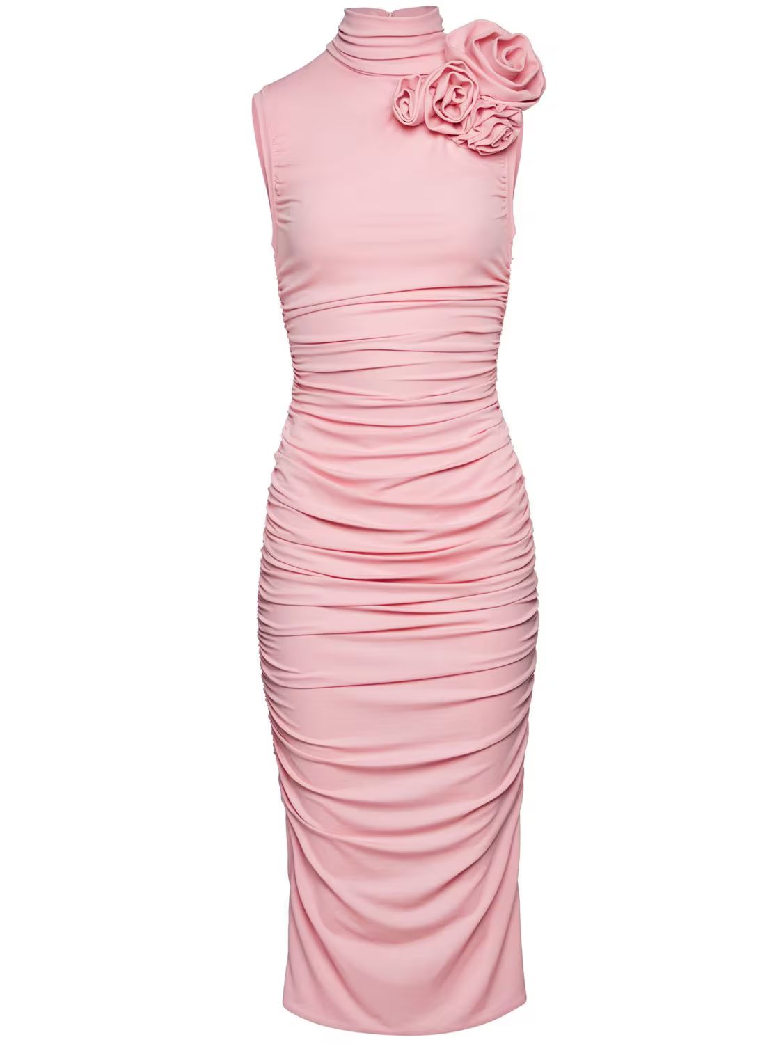 Magda Butrym - Ruched jersey midi dress w/ flower - Pink | Luisaviaroma | Luisaviaroma