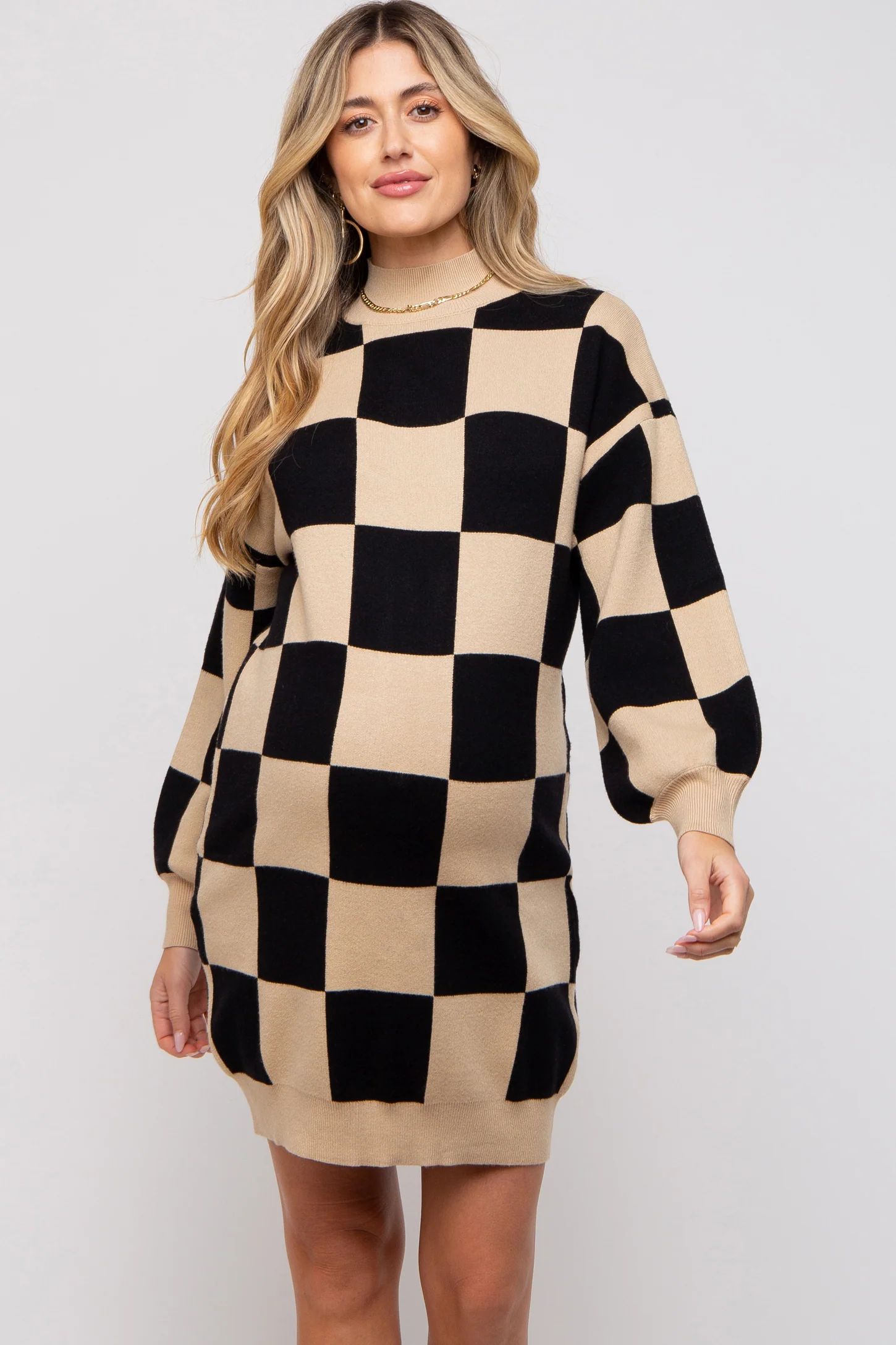 Black Checkered Knit Maternity Sweater Dress | PinkBlush Maternity