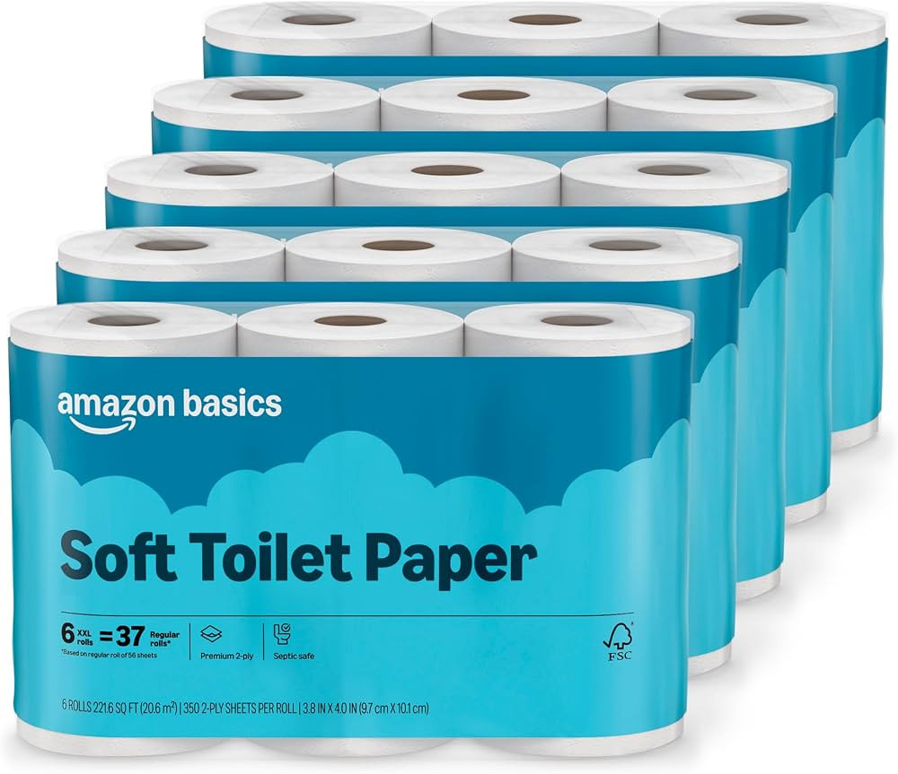 Amazon Basics 2-Ply Soft Toilet Paper, 30 Rolls (5 Packs of 6), Equivalent to 185 Regular Rolls, ... | Amazon (US)