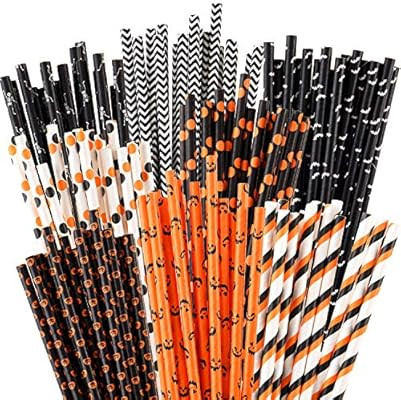 200 Pieces Halloween Paper Straws Pumpkin Bat Spider Web Skeleton Pattern Straws Black Orange Pap... | Amazon (US)