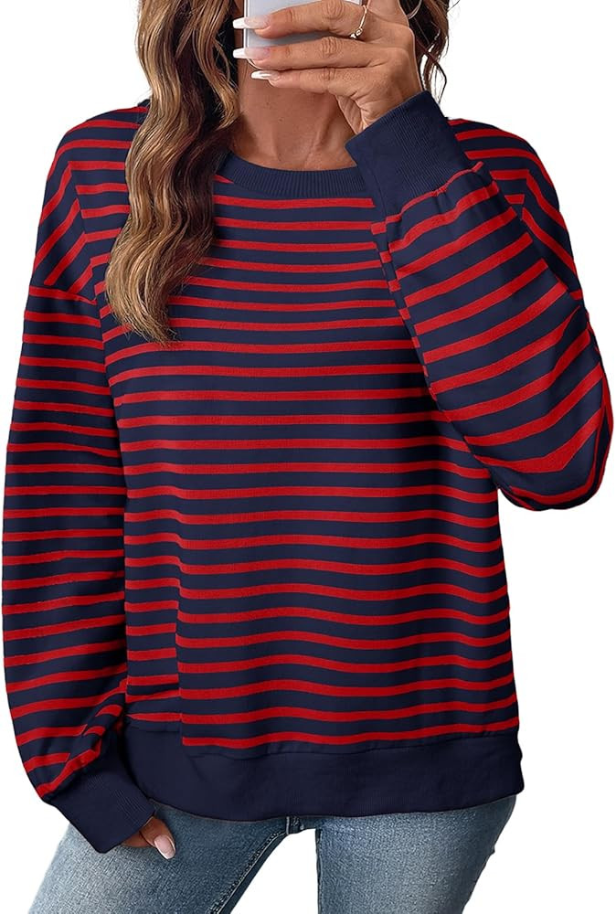 SHEWIN Oversized Sweatshirt for Women Crewneck Striped Shirt Long Sleeve Tops Pullover Womens Fal... | Amazon (US)