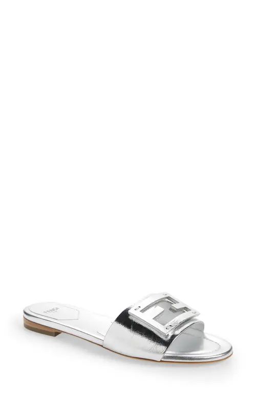 Fendi Baguette Metallic Slide Sandal in Silver at Nordstrom, Size 8Us | Nordstrom