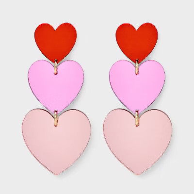 Valentines Mirrored Heart Post Drop Earrings - Pink/Red | Target
