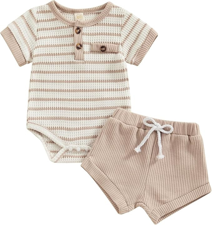 Kuriozud Newborn Baby Boy Summer Clothes Button Short Sleeve Romper Bodysuit Shorts Set Infant So... | Amazon (US)