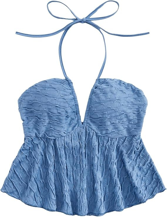 SHENHE Women's Tie Halter Neck Backless Ruffle Hem Sexy Peplum Crop Top Sleeveless Top | Amazon (US)
