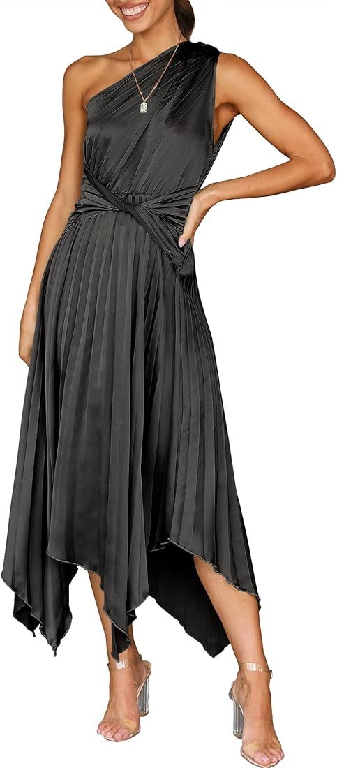 Women's Summer One Shoulder Midi Dress Sleeveless Twist Pleated Asymmetric Satin Cocktail Party D... | Amazon (US)