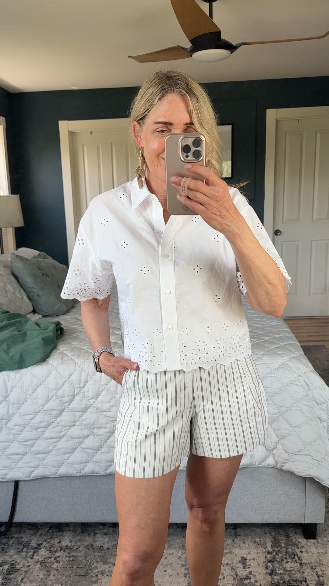 Summer date night outfit. Free Assembly eyelet blouse size S,  @Gibsonlook striped tailored shorts size XS. @Nickel & Suede earrings.

Summer outfits, business casual outfits, affordable style, over 40 style, over 50 style, fashion over 60, shorts outfits, eyelet tops

#LTKgrwm #LTKootd #LTKOver40