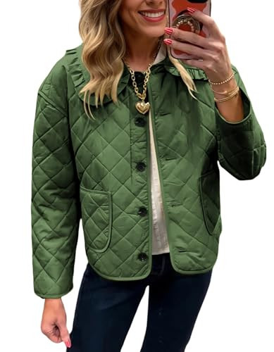 Fnortc Women's Ruffle Collar Quilted Lightweight Puffer Jacket Long Sleeve Casual Cardigan Padded Coat for Autumn Winter(Olive,S) | Amazon (US)
