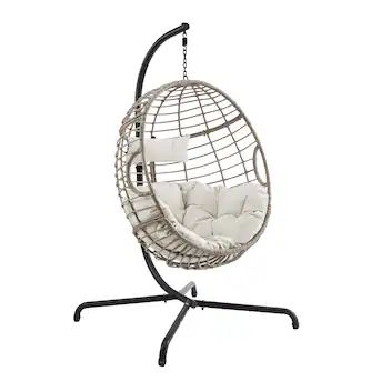 PEAK HOME FURNISHINGS Egg Chair Wicker Black Metal Frame Hanging Egg Chair with Off-white Olefin ... | Lowe's
