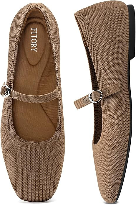 FITORY Flats for Women, Mary Jane Ballet Square Toe Knit Ankle Strap Shoes | Memory Foam, Comfort... | Amazon (US)