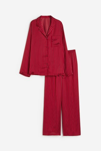 Satin pyjama shirt and bottoms - Dark red/Striped - Ladies | H&M GB | H&M (UK, MY, IN, SG, PH, TW, HK)