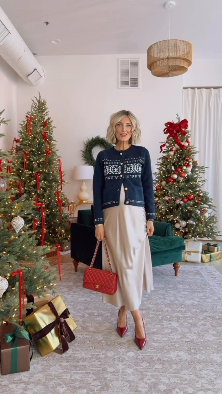 This navy fair isle holiday sweater is under $30 from Walmart! 👏🏼 So cute for the holidays! You can easily style this with jeans, but I dressed it up by adding a satin skirt & heels! Wearing M in sweater & S in skirt!

Loverly Grey, holiday looks, holiday party, holiday sweater, Christmas sweater, satin skirt, red heels 

#LTKSeasonal #LTKStyleTip #LTKHoliday