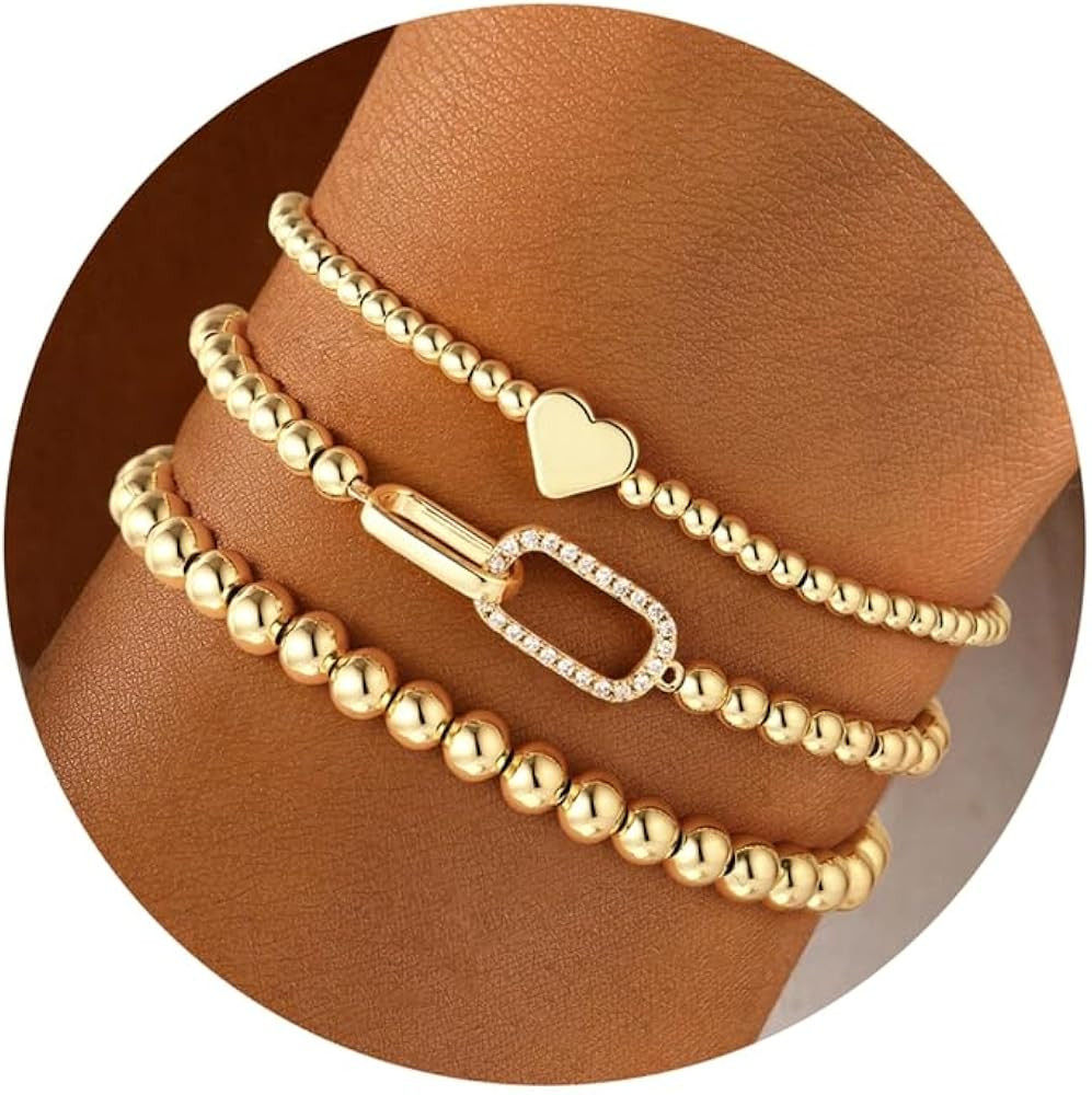 3PCS 14K Gold Plated Beaded Stretch Bracelet for Women Teen Girls | Amazon (US)