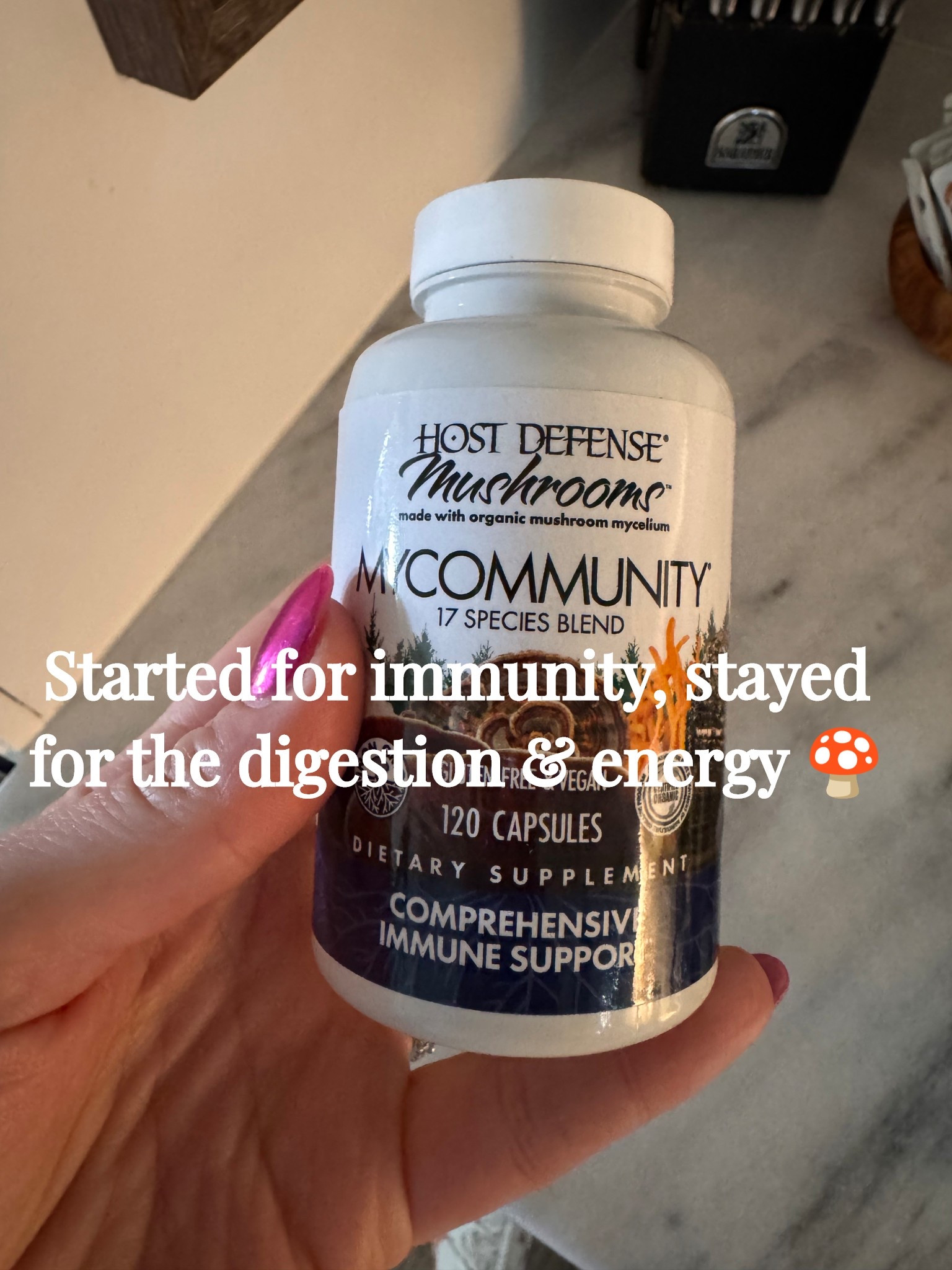 Host Defense MyCommunity mushroom supplement 🍄✨ sharing because this has made a noticeable difference for me.

Biggest changes:
• No more afternoon energy crash
• Way better digestion + regularity (TMI but also… there is no TMI here 😂)
I’ve dealt with chronic constipation for YEARS and this helped even before I added my gut-friendly morning polyphenol tea.

This is a 17 mushroom blend for immune support, gut health + energy. Think: lion’s mane (brain + focus), reishi (stress + hormone balance), cordyceps (natural energy), turkey tail + chaga (gut + immune support). Such a good combo for women in their 20s–30s who want hormone support, energy, digestion help, and immune support without stimulants.

Gluten-free, vegan capsules and easy to add to a daily wellness routine 🤎

#LTKmorningroutine #LTKfitnessgoals #LTKfoodie