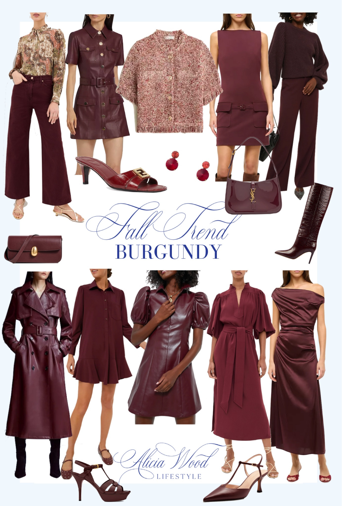 Fall Trend: Burgundy 

Off the shoulder silk midi dress
Fendi eel skin mule sandal 
YSL tribute platform 
Paris Texas knee boot 
Balloon Slerve sweater 
Ruby drop earrings
YSL handbag 
Faux leather belted trench 
NEOYS shoulder bag 
Faux leather belted mini dress
Sleeveless sheath dress
Burgundy fall dressing 
Transitional fall in burgundy color 

#LTKStyleTip #LTKSeasonal #LTKOver40