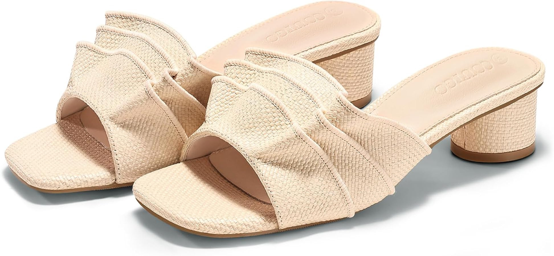 Coutgo Womens Raffia Chunky Low Heels Sandals Square Open Toe Mules Ruffle Slip On Summer Dress S... | Amazon (US)