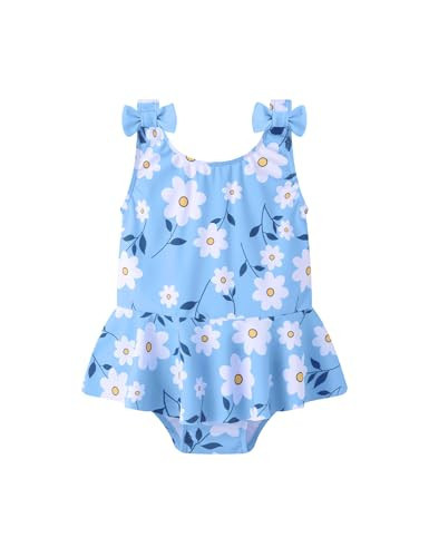 oklady Toddler Swimsuit Girls One Piece Ruffled Girls Bathing Suit Bow Strap Swimwear Size 12-18 Months Blue-Flower | Amazon (US)