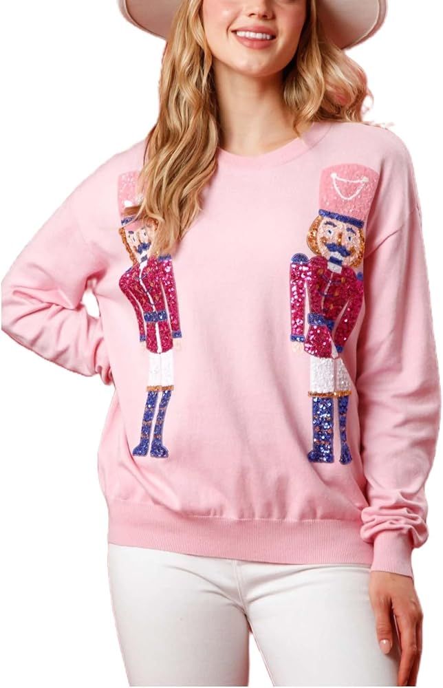 Creaion Women Sequin Christmas Sweater Oversized Long Sleeve Sweatshirt Side Slit Sparkly Glitter Sh | Amazon (US)