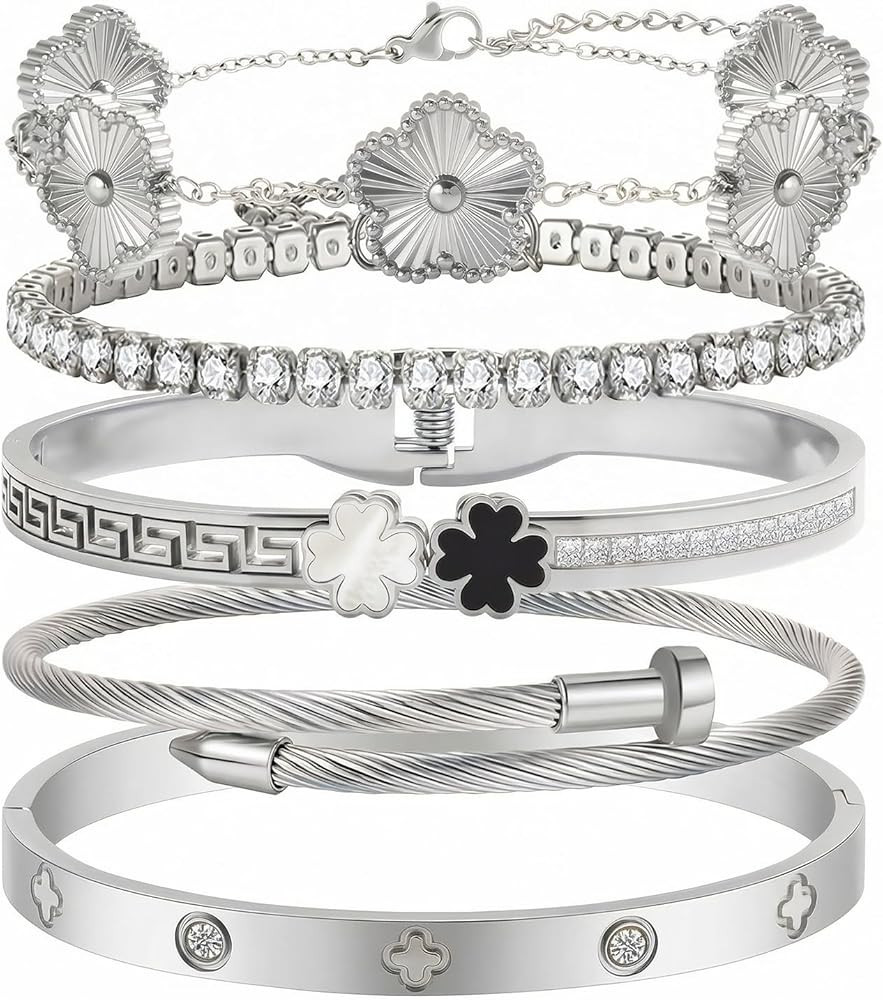 5pcs Gold Stackable Bracelet Set for Women - Stainless Steel Non-Tarnish Clover Lucky Charm Jewelry, Trendy Gift for Girlfriend/Wife on Christmas Valentine’s Birthday | Amazon (US)