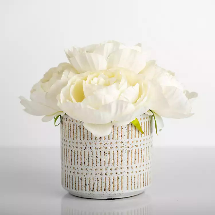 White Peony Bouquet in Patterned Planter | Kirkland's Home