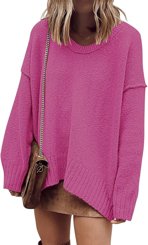 Prinbara Women's Oversized Long Sleeve V Neck Off The Shoulder Baggy Comfy Knit Pullover Sweaters | Amazon (US)