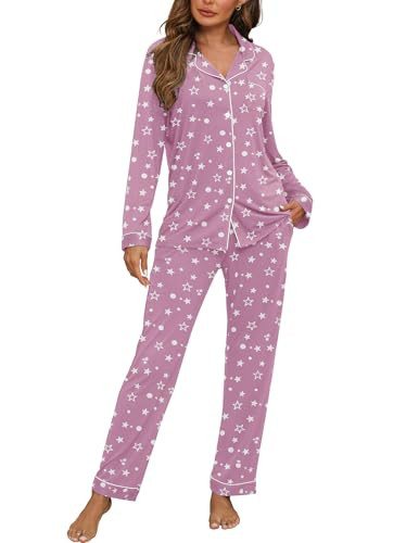 HNG Womens Pajama Sets Button Down Long Sleeve Blouses and Pants Sleepwear Postpartum Pjs Set Purple Stars, XXXL | Amazon (US)