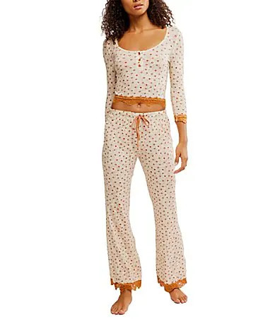 Free People Stolen Dance Knit 34 Sleeve Henley Top Pant Floral Pajama Set - XL | Dillard's