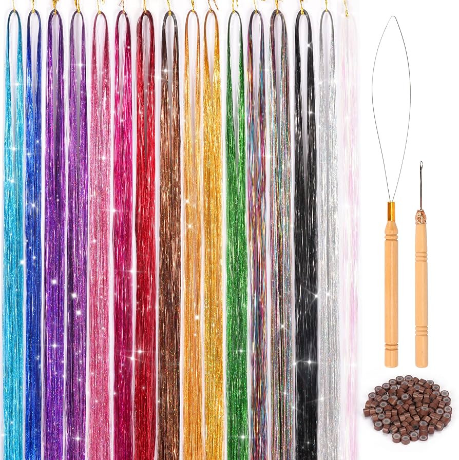 16 Colors Hair Tinsel Kit, 48 Inches 3300 Strands Tinsel Hair Extensions, Fairy Hair Tinsel for C... | Amazon (US)