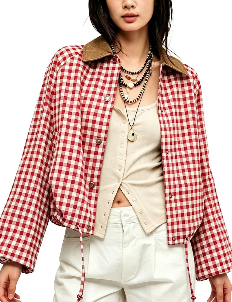 Athlisan Women's Plaid Jacket Gingham Corduroy Collar Cropped Casual Coat | Amazon (US)