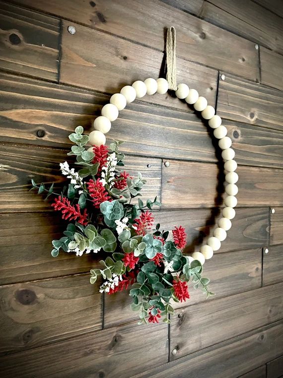 Winter / Christmas Wreath for Modern Farmhouse  Wood Bead - Etsy | Etsy (US)