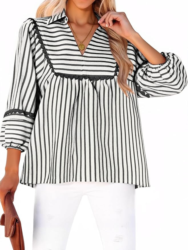 Tankaneo Womens Striped Babydoll Tops Oversized 3/4 Sleeve Peplum Blouse Casual Loose Fit Pleated... | Amazon (US)