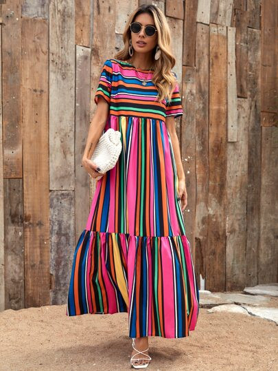 Striped Ruffle Hem Babydoll Dress | SHEIN