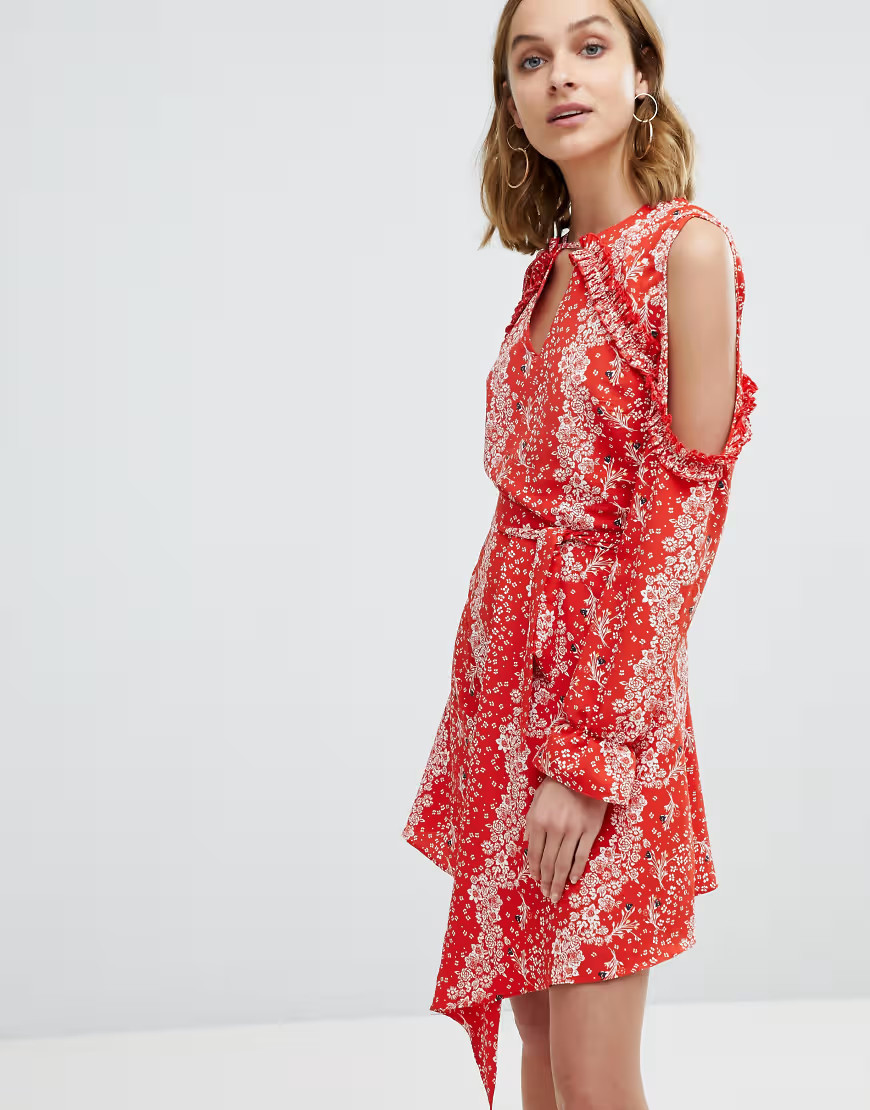 River Island Ruffle Cold Shoulder Detail Floral Print Dress-Red | ASOS (Global)