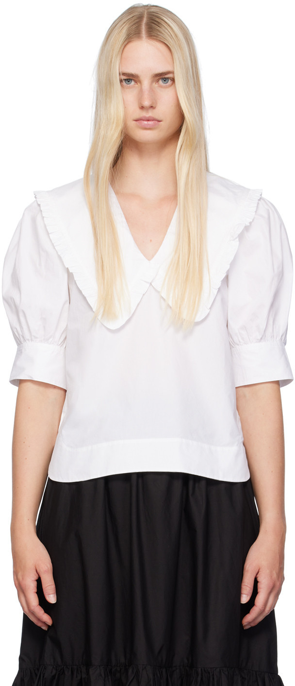 GANNI White V-Neck Blouse | SSENSE
