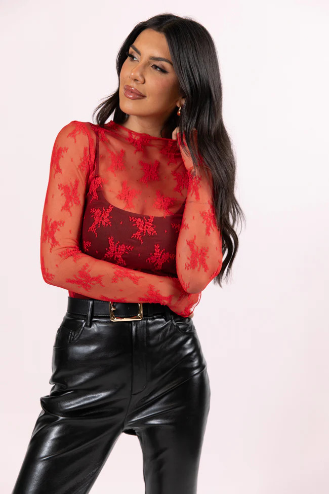 Speak Your Truth Red Mock Neck Lace Layering Blouse | Pink Lily