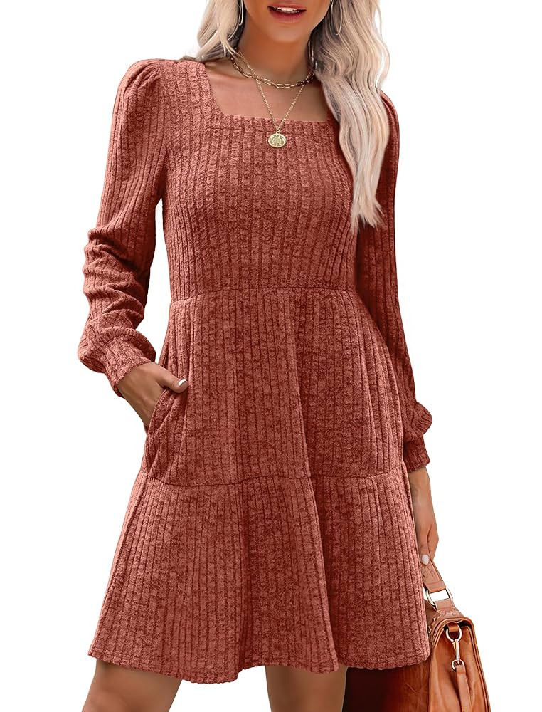 SAMPEEL Womens Square Neck Long Sleeve Fall Dresses Casual Babydoll Sweater Dress | Amazon (US)