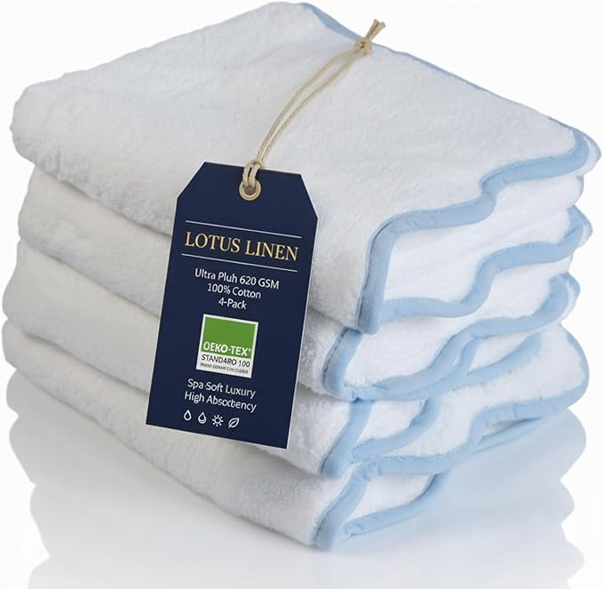 Lotus Linen Scallop Piping Hand Towels Set of 4 – 620 GSM Zero Twist 100% Cotton Spa Towel, Ult... | Amazon (US)