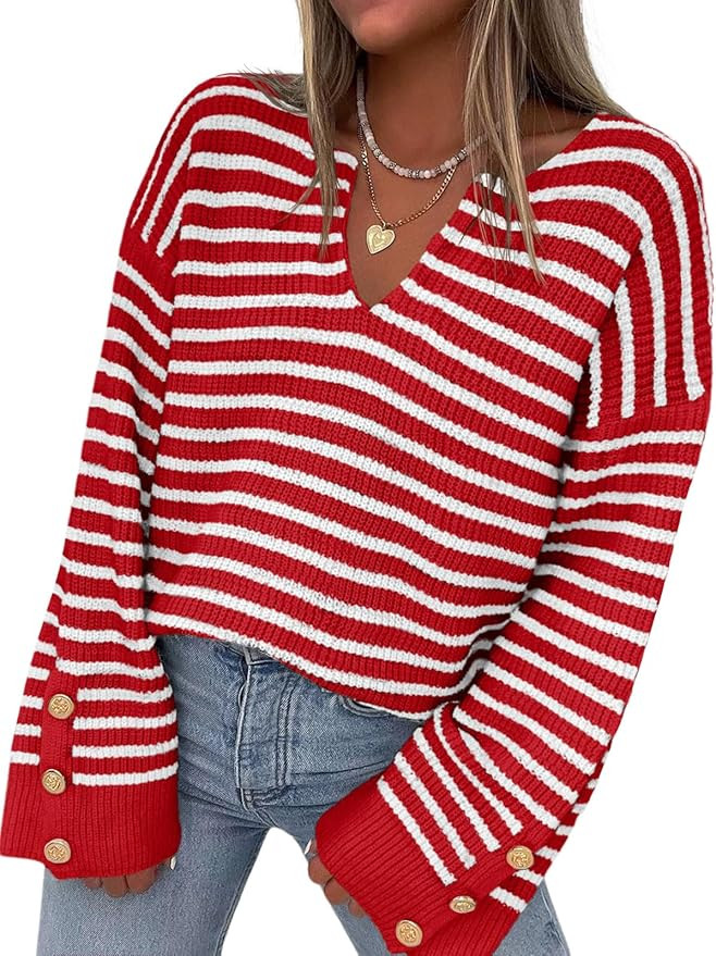 Saodimallsu Womens Striped Sweater Oversized V Neck Knit Long Sleeve Drop Shoulder Trendy Loose P... | Amazon (US)