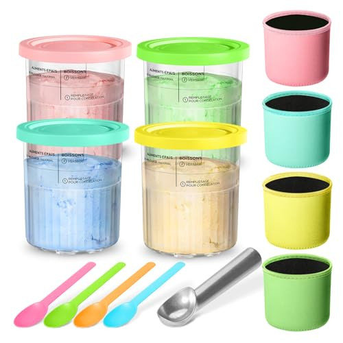 For Ninja Creami Pints and Lids-4 Pack, 24oz Cups Compatible with Ninja Ice Cream Maker NC500, NC501, CN501CO Series, Replacements for Ninja Creami Containers with Insulated Sleeves(Solid) | Amazon (US)