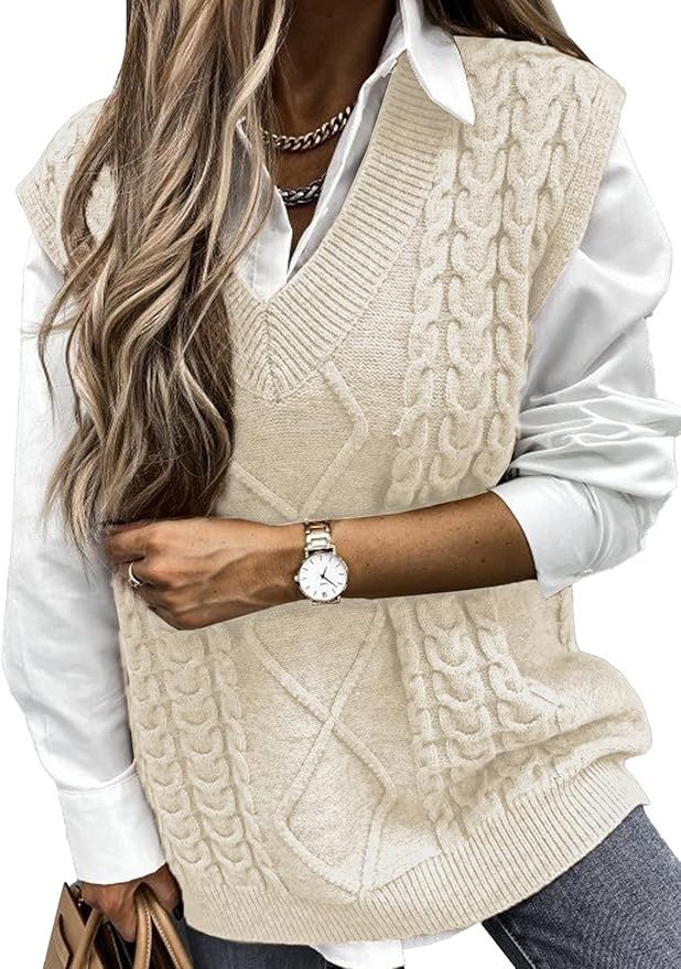 NALANISA Women V Neck Sleeveless Oversized Sweater Vest Casual Loose Cable Knit Sweaters Tank Pullov | Amazon (US)