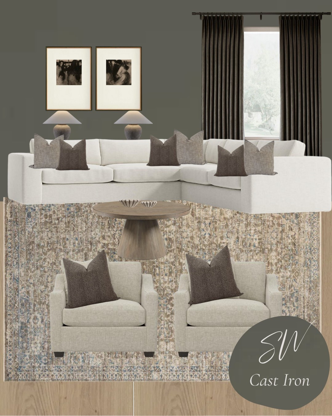 SW Cast Iron or SW Seal Skin? 🖤
This living room blends neutrals with bold contrast. I love using warm taupes, different textures, and a deep, dramatic paint color. 

Ready for a transformation that works with what you have?
✨ Virtual design services now booking—link in bio to get started!

#LTKHome